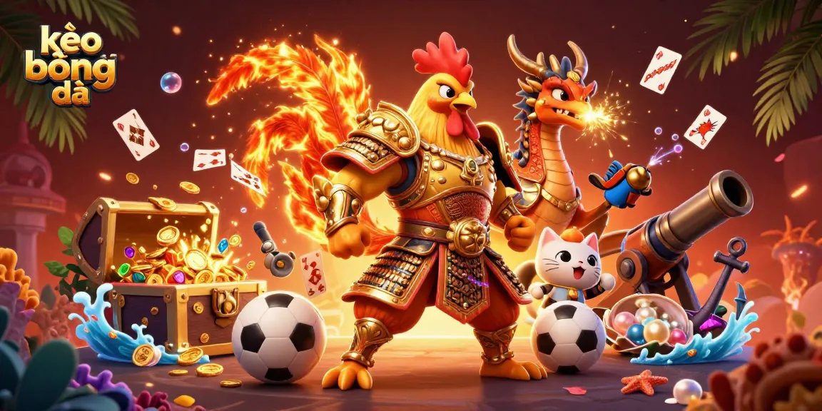 Bet on kèo bóng đá with our detailed illustration showcasing vibrant sports elements and a dynamic trio of characters.