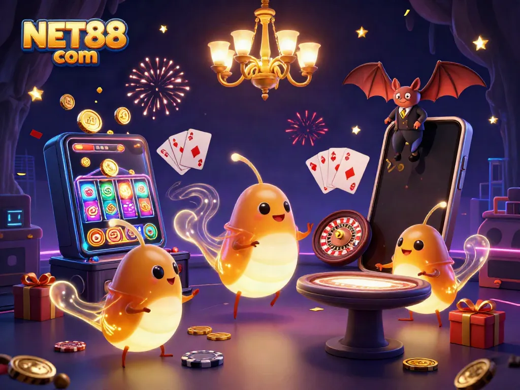 Engage with thrilling moments at NET88 com through 3D animated glowworms lighting up an exciting casino scene.