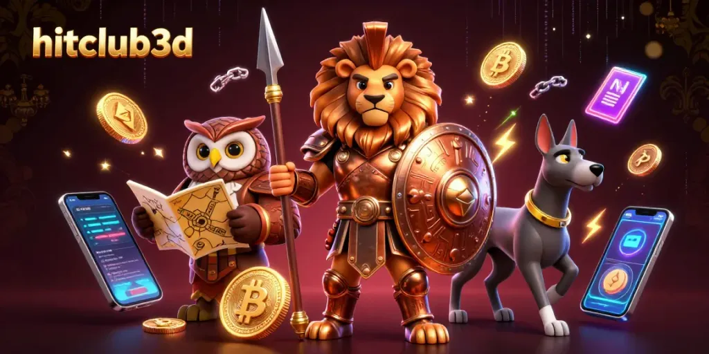 Experience thrilling wins with hitclub3d in this dynamic 3D casino illustration showcasing Bitcoin and Ethereum elements.