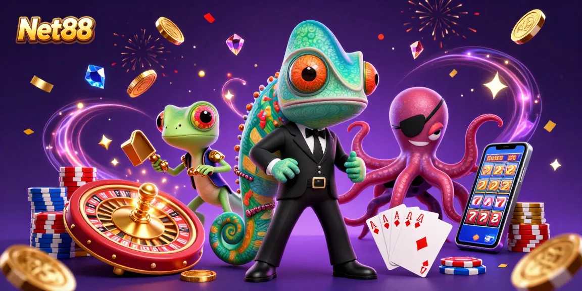 Net88 showcases thrilling casino excitement with vibrant characters and dynamic game elements.