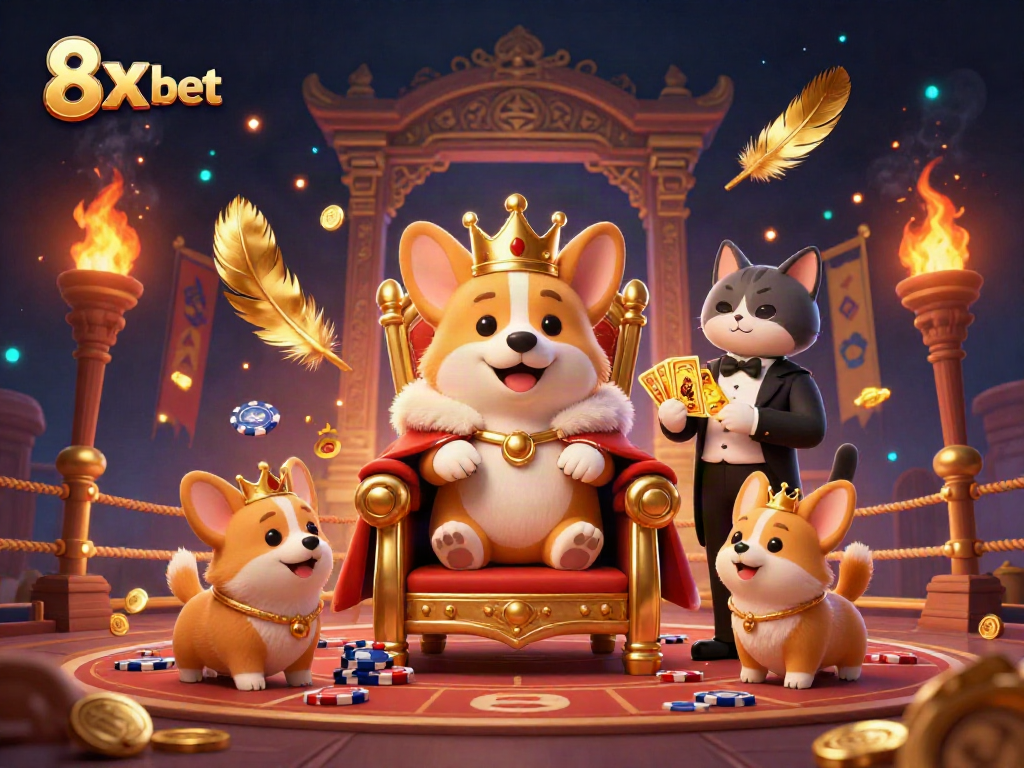 Experience thrilling gaming with 8x bet as royal corgis and a cat butler celebrate victory in a casino setting.