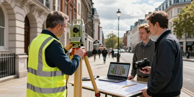 Measured Building Surveyors Surrey conducting precise surveys of a London building, showcasing advanced technology and urban architecture.