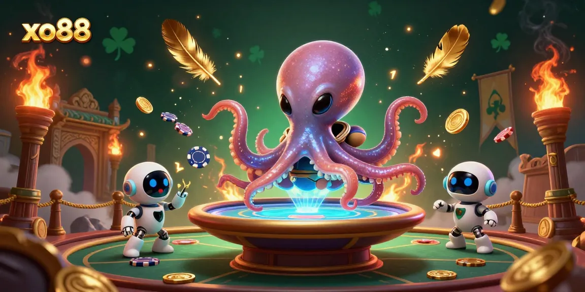 Engage in thrilling poker action with xo88, where an alien octopus deals at a holographic table.