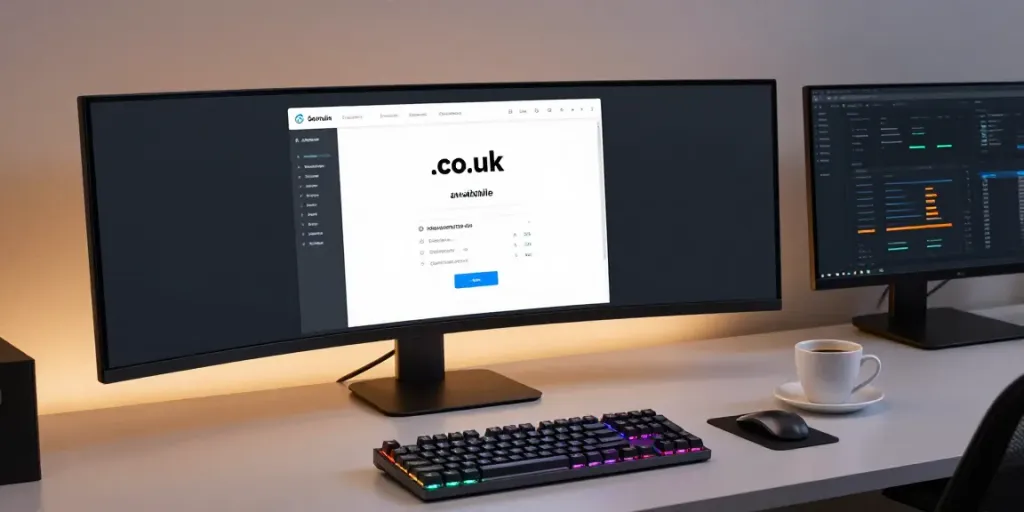 Register .co.uk domain in a modern developer workspace with coding tools.