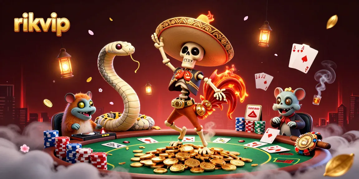 rikvip showcases vibrant skeleton mariachi celebrating in a dynamic casino scene surrounded by poker elements and golden coins