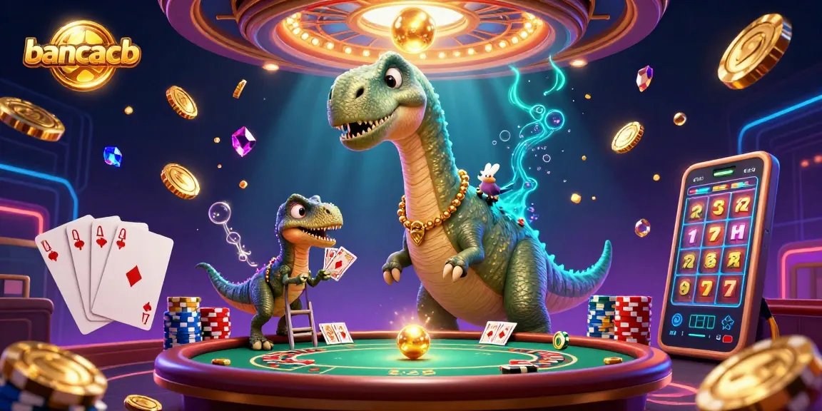 Engage with bancaucb's 3D gaming scene featuring a playful brontosaurus and raptor among casino elements.