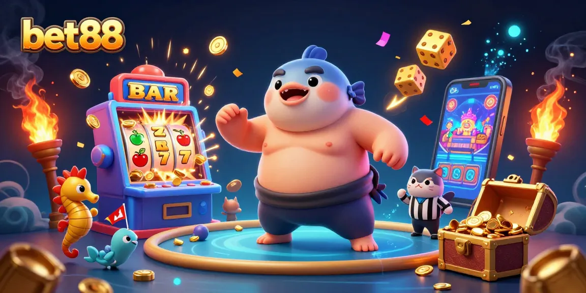 Engage with the exhilarating world of bet88, featuring an animated scene of vibrant characters and casino excitement.