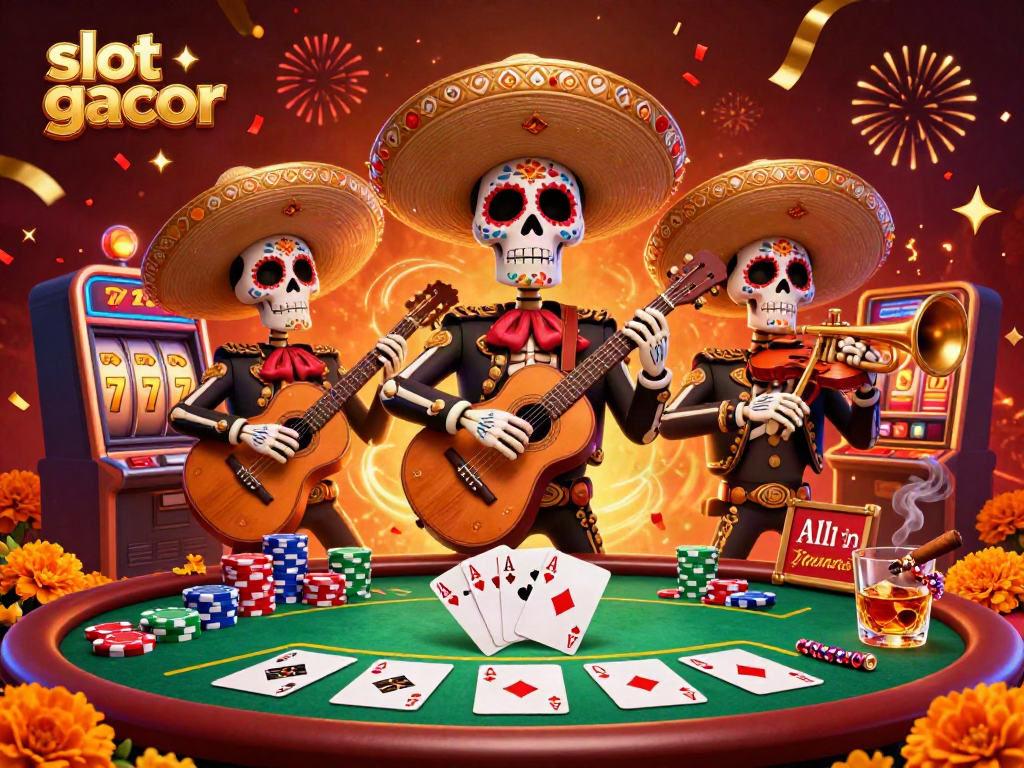 Experience the excitement of slot gacor with energetic skeletons jamming at a colorful casino scene.