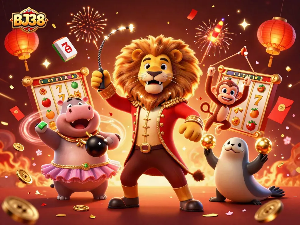 Experience thrilling BJ38 jackpot moments with vibrant casino action and animated characters engaging in fun.