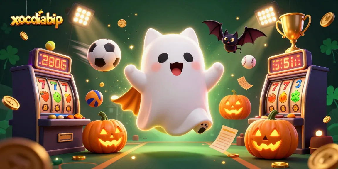 xocdiabip showcases a friendly ghost cat and vampire bat in a haunted casino scene with dynamic sports elements.
