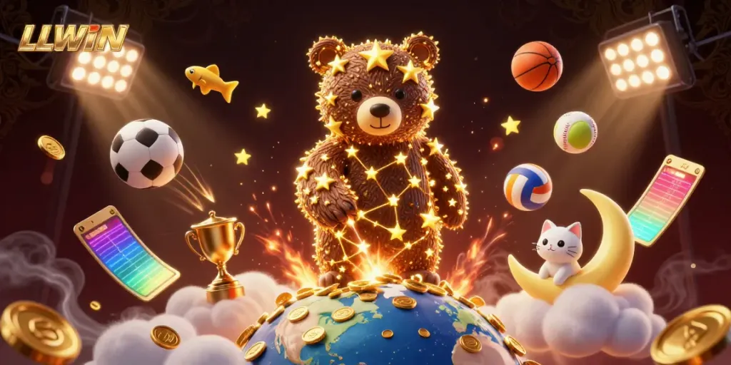 Experience the magic of LLWIN with a lively 3D illustration of a constellation bear and sports elements enriching the gaming atmosphere.