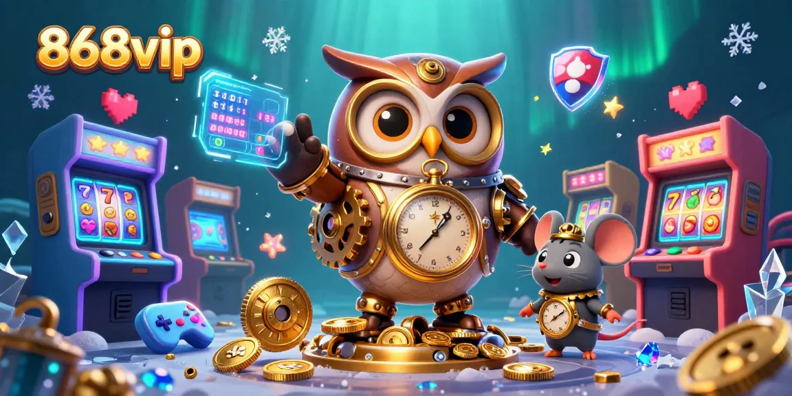 Engage with 868vip's vibrant 3D cartoon scene displaying a steampunk owl amidst casino-themed gaming elements.