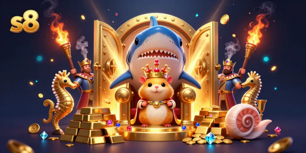 Experience the thrill of winning with s8's golden hamster king at the center of a vibrant casino scene.