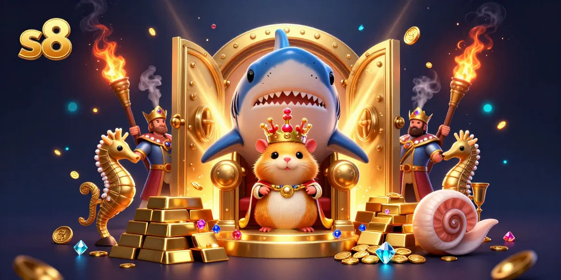 Experience the thrill of winning with s8's golden hamster king at the center of a vibrant casino scene.