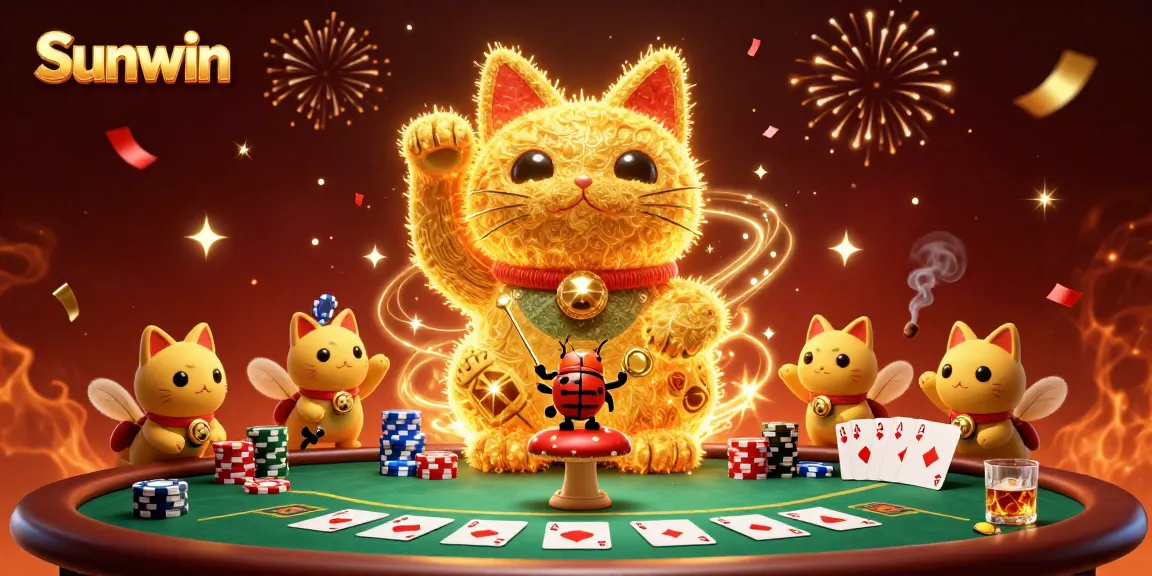 Experience exciting gameplay with the Sunwin lucky cat symbol and poker elements in dynamic casino scene.