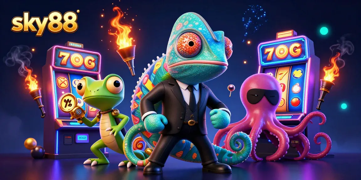 Spin and win at sky88 Casino with a dynamic illustration showcasing a secret agent chameleon, tech-gecko, and octopus.