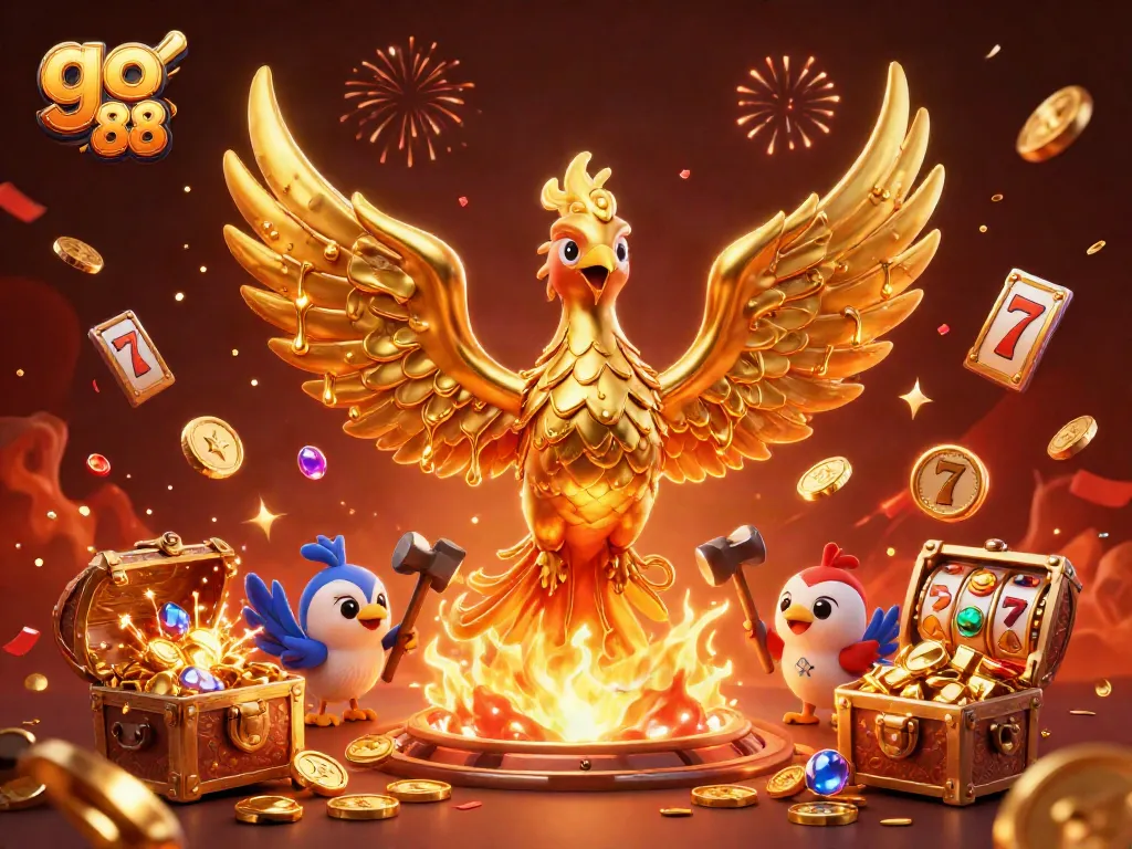Experience the thrill of go 88 with a molten phoenix and dynamic casino symbols in an exciting scene.
