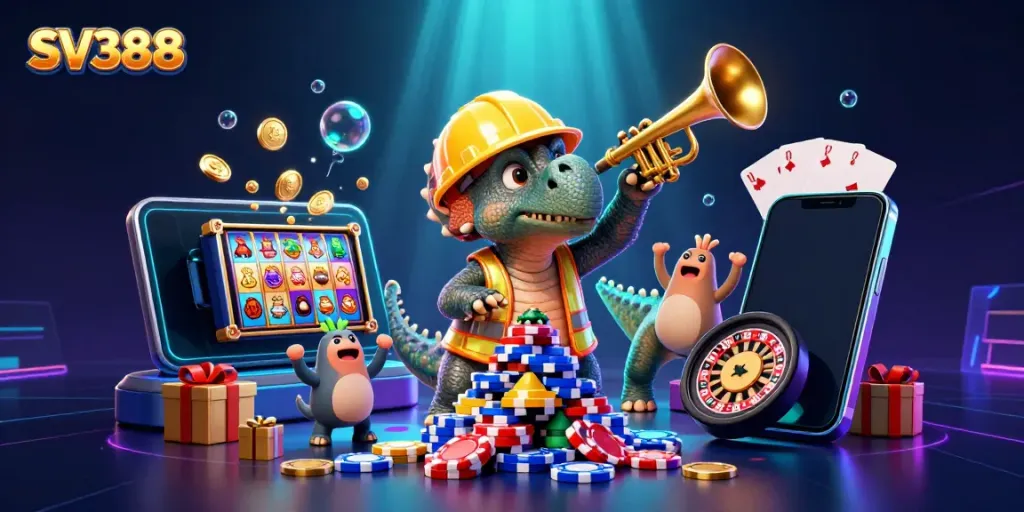 SV388 showcases a vibrant celebration with a triceratops and gaming elements emphasizing the thrill of casino games.