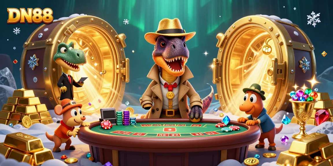 Engage with the DN88 casino scene featuring cartoon characters in a vibrant gaming atmosphere.
