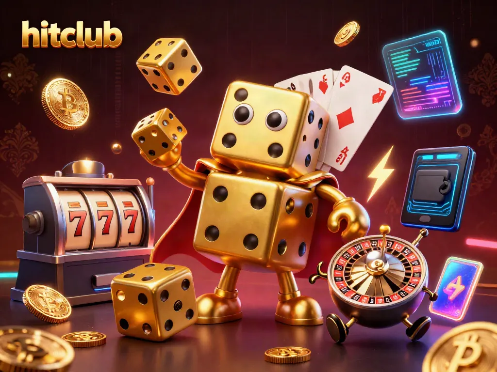 Play to win at hitclub with vibrant 3D cartoon dice and slot revelry in a dynamic casino scene.