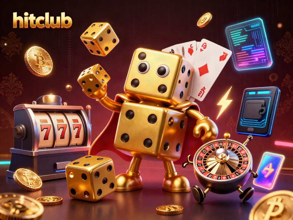 Play to win at hitclub with vibrant 3D cartoon dice and slot revelry in a dynamic casino scene.
