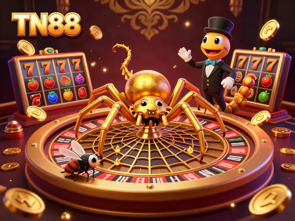 Experience thrilling casino action with TN88 featuring a golden spider and roulette wheel in a vibrant scene.