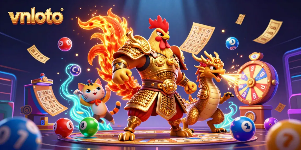 Experience the thrill of vnloto with a powerful rooster warrior and dragon, surrounded by dynamic lottery elements.