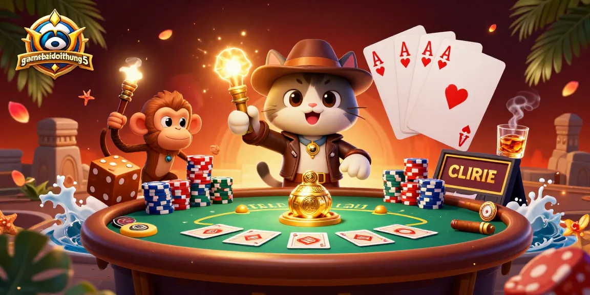 Experience thrilling gameplay with gamebaidoithuong5, featuring a cat archaeologist adventuring for casino treasures amid vibrant gambling elements.