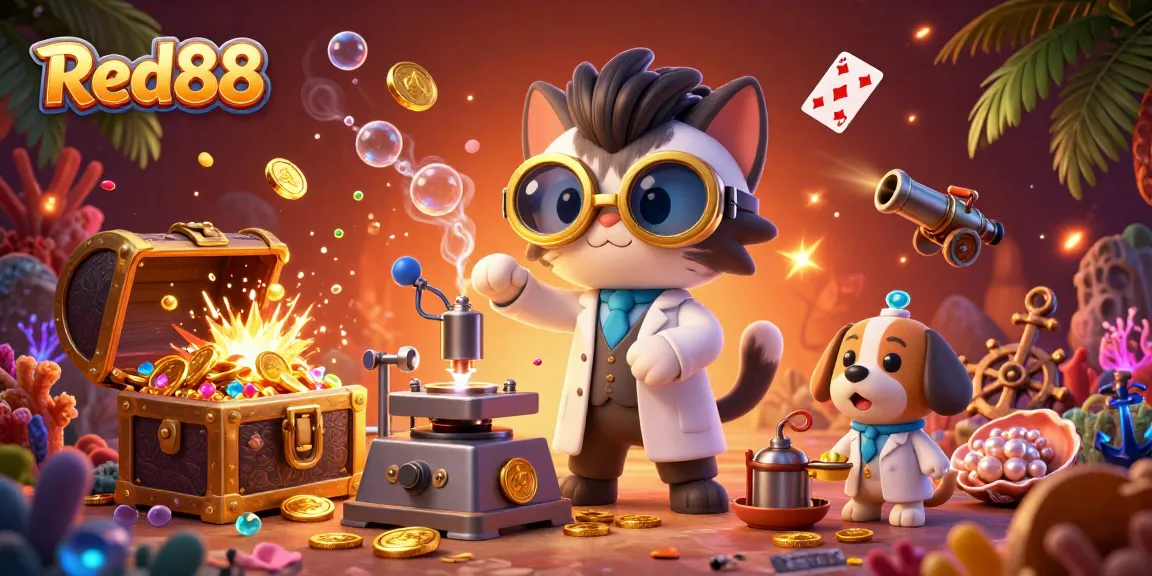 Experience thrilling games at Red88 with vibrant 3D casino illustrations featuring dynamic elements and a playful setting.