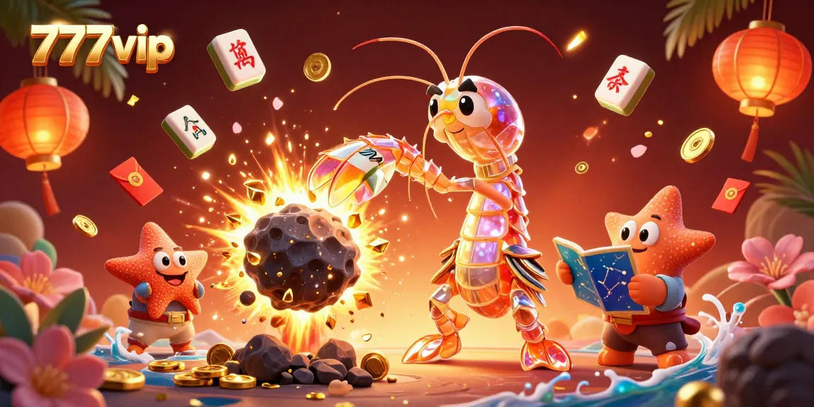 Experience the thrill of 777vip with vibrant gaming elements, showcasing a galactic mantis shrimp in action amidst golden treasures.