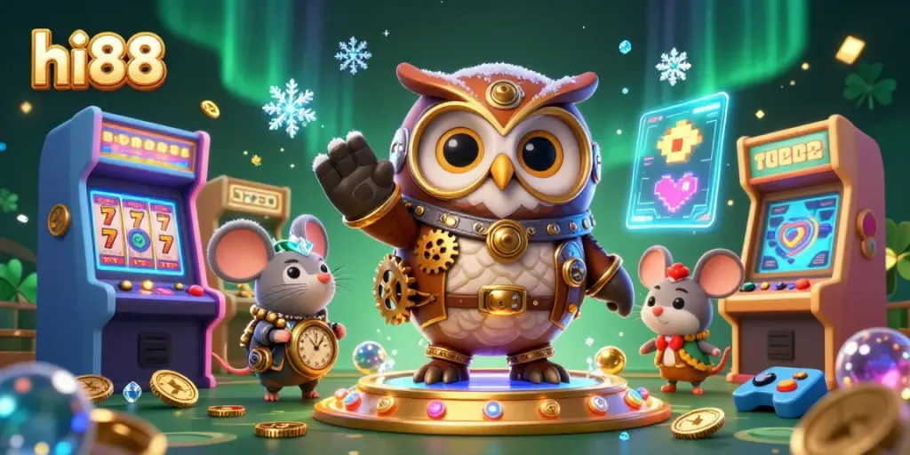 Play exciting games at hi88, featuring a whimsical casino scene with a time-traveler owl.