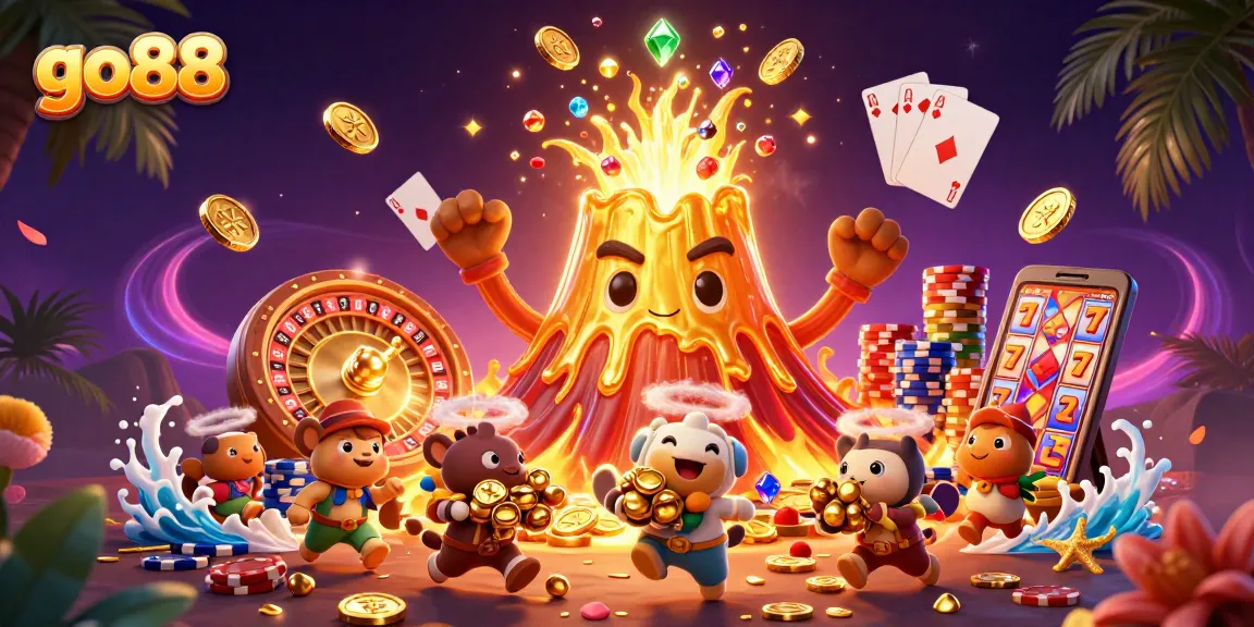Win big with go88 as treasure hunters escape a golden volcano amidst casino excitement.