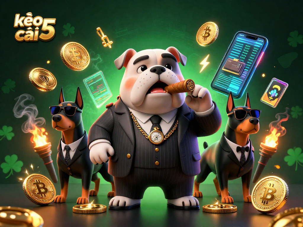 Experience kèo nhà cái 5 with a vibrant 3D casino illustration showcasing a mafia bulldog and crypto elements.