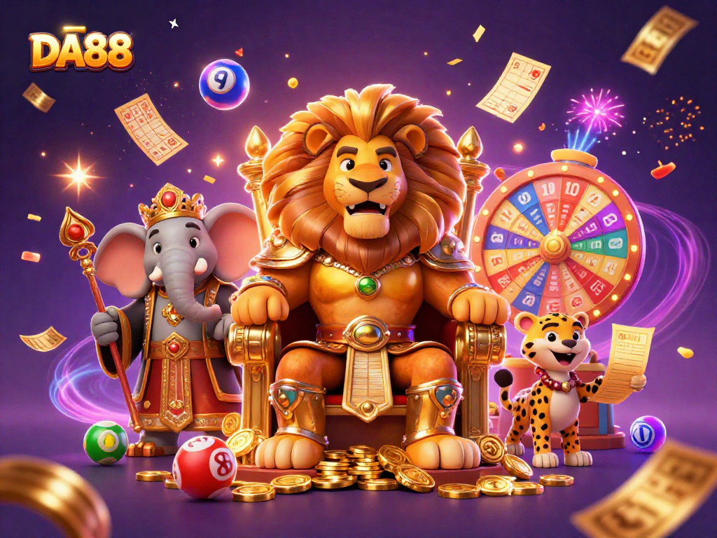 Join the festive DA88 celebration with a lion king, elephant advisor, and cheetah messenger in a vibrant casino setting.