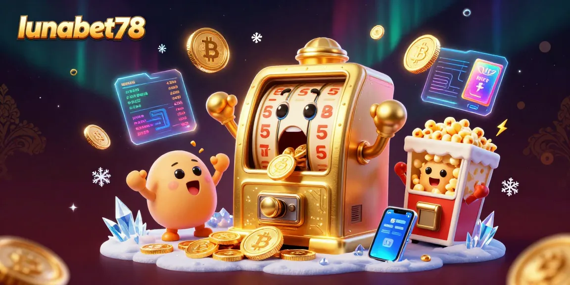 lunabet78 merayakan jackpot dengan mesin slot di tengah, dikelilingi koin crypto dan elemen kasino
