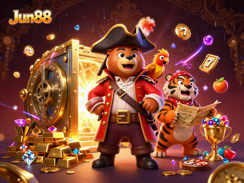 Experience thrilling gameplay at Jun88 with a pirate captain bear, treasure maps, and slot symbols.