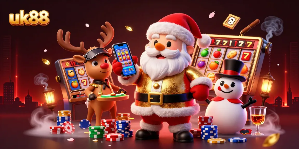 Spin jackpots with uk88 in a vibrant casino scene featuring Santa, a reindeer dealer, and a poker chip snowman.