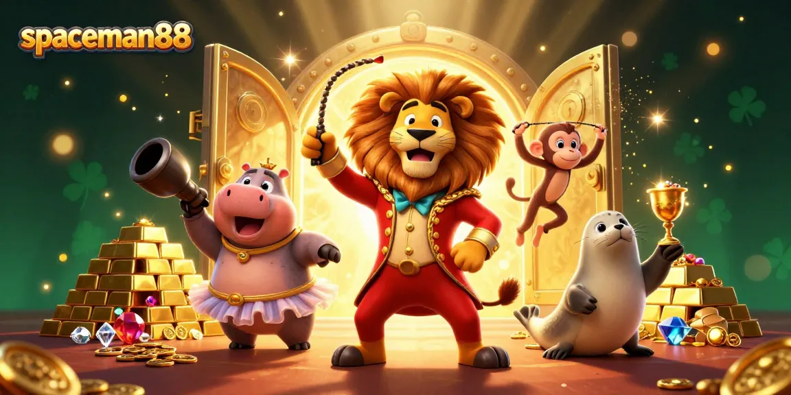 Experience spaceman88 excitement with vibrantly illustrated 3D casino characters amidst treasure.