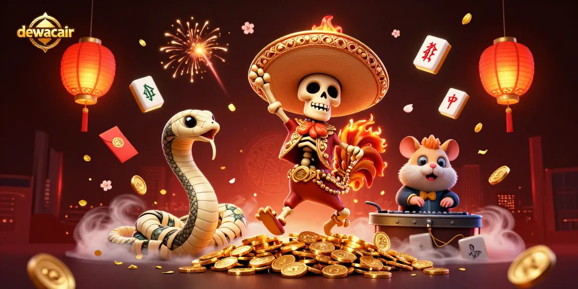 Dewacair: Celebrate wins with a vibrant 3D casino scene featuring dynamic characters, mahjong tiles, and glowing lanterns.