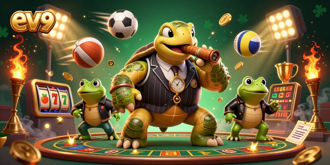 ev99's vibrant casino scene showcases a dynamic turtle gangster with slots, sports, and lights.