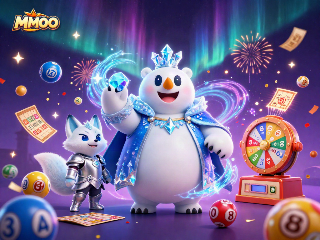 Join the excitement at MMOO with a colorful lottery scene featuring a regal ice king and mystical snow fox.