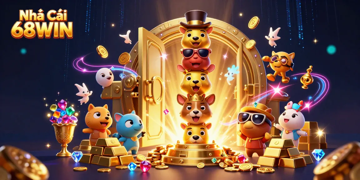 Experience thrilling gameplay at Nhà Cái 68WIN with vibrant casino-themed scene filled with treasures and whimsical characters.
