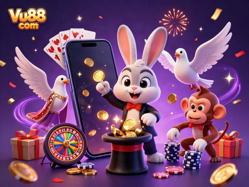 Win big with Vu88 com - A lively scene featuring a magician rabbit, dove, and monkey among casino elements.