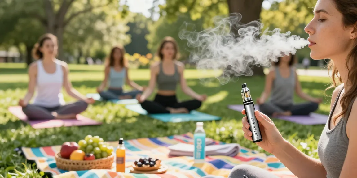 THC vape juice enhancing wellness routines with harmonious outdoor yoga session, showcasing CBD products and natural lifestyle elements.