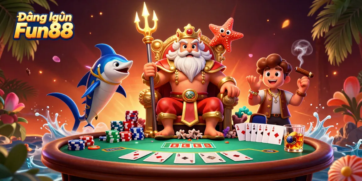 Experience the thrill of Đăng nhập Fun88 with a vibrant casino scene featuring Neptune and poker elements.