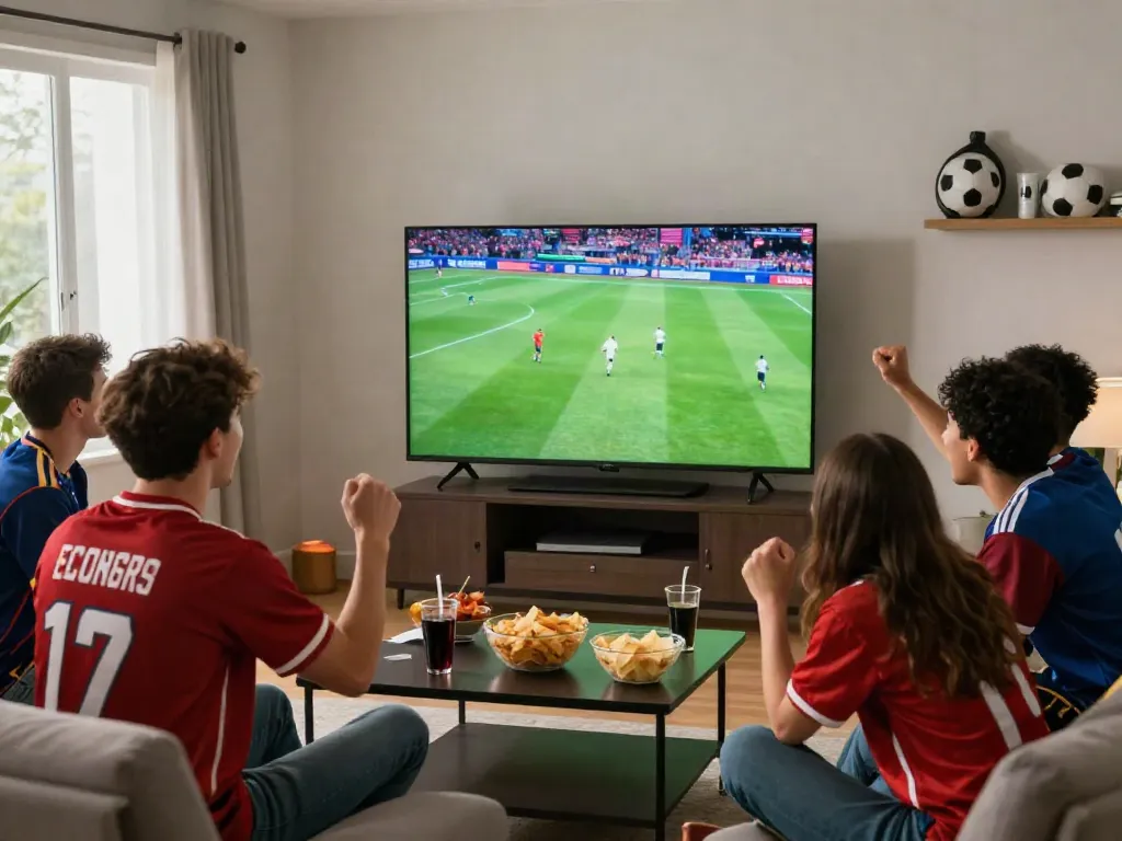 Friends enjoying a lively football match while watching Thapcamtv at home.