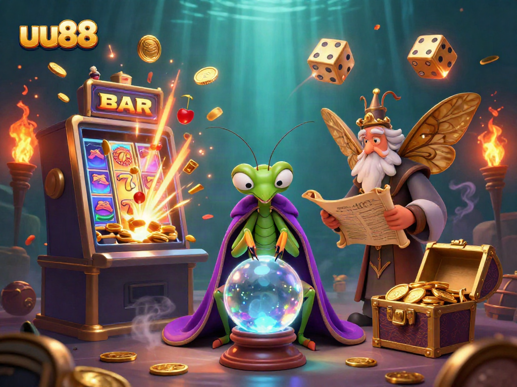 Engaging illustration of a mystical fortune teller and librarian in an exciting casino scene, highlighting uu88 vibes.