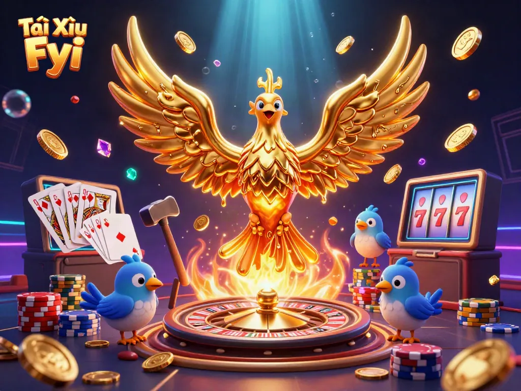 Experience the thrill of Tài Xỉu Fyi with a dynamic and vibrant casino scene featuring gold coins and a phoenix.