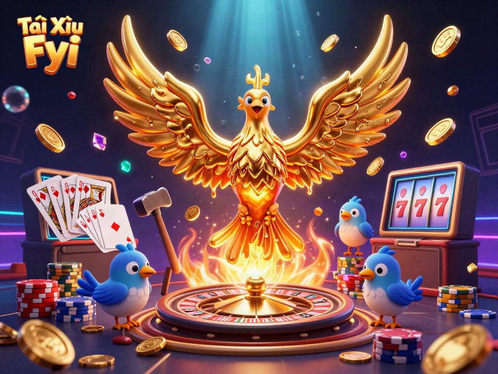 Experience the thrill of Tài Xỉu Fyi with a dynamic and vibrant casino scene featuring gold coins and a phoenix.