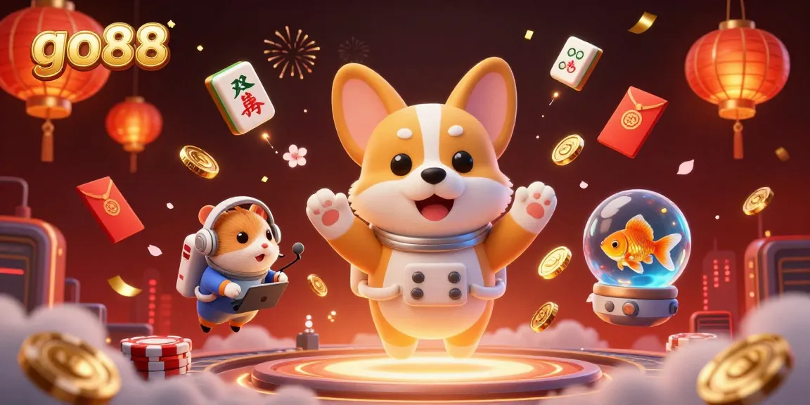 Experience go88 thrills with a floating astronaut corgi in a lively casino scene.